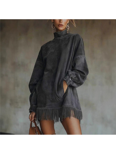 A High-Neck Dress for Women Featuring Fringes, a Loose Fit, Long Sleeves, And Pockets. This Bohemian-Style Skirt Is Perfect for The Relaxed Fashion of Autumn And Winter. It'S Great for Street Style, Holiday Trips
