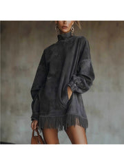 A High-Neck Dress for Women Featuring Fringes, a Loose Fit, Long Sleeves, And Pockets. This Bohemian-Style Skirt Is Perfect for The Relaxed Fashion of Autumn And Winter. It'S Great for Street Style, Holiday Trips