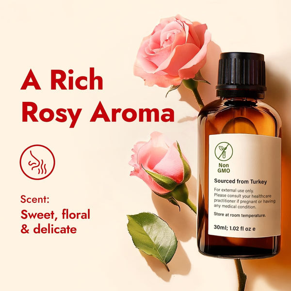 H'Ana Rose Essential Oil - 100% Pure and Natural Rose Oil for Face, Skin and Diffuser - with a Sweet, Fresh Scent, Smells like Fresh Roses - Symbolises Love and Beauty (30Ml)