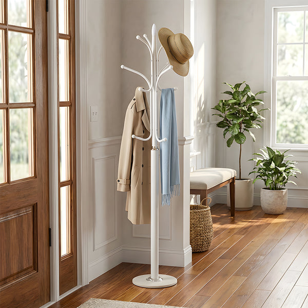 12-Hook Stylish Freestanding Coat Rack, Column-style Heavy Duty Metal Hat Stand with Solid Marble Base, 180cm Tall 4.7cm Thick Pole, Gold Black White Finish for Hallway, Office, Boutique Display