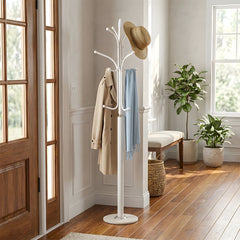 12-Hook Stylish Freestanding Coat Rack, Column-style Heavy Duty Metal Hat Stand with Solid Marble Base, 180cm Tall 4.7cm Thick Pole, Gold Black White Finish for Hallway, Office, Boutique Display