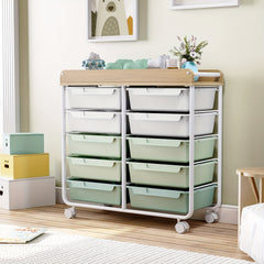 KINGRACK 10 Tier Office Rolling Storage Cart with Large Drawers, Mobile Organizer with Tabletop, Multi-Purpose Utility Cart for Home, Office, And Classroom, Easy to Move with Wheels, Storage Drawer Units