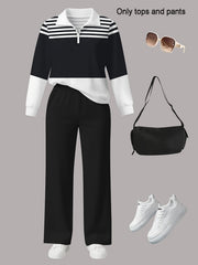 Women's 2pcs Suit Set - Striped Half-Pallet Pullover Top & Solid Color Pants with Zipper Closure, High-Elasticity Straight Leg Pants, Loose Fit for Commuting, Office & Daily Wear - All-Season Professional Attire (2pcs Matching Set)