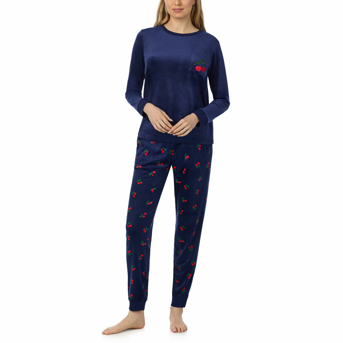 Jane & Bleecker Women'S Silky Plush Pyjama Set in Navy Cherries