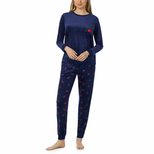 Jane & Bleecker Women'S Silky Plush Pyjama Set in Navy Cherries