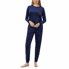 Jane & Bleecker Women'S Silky Plush Pyjama Set in Navy Cherries
