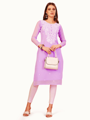 Estationeryhouse Women's Georgette Lucknowi chikankari kurti, Rose Design with Heavy Embroidery, Without Bottom