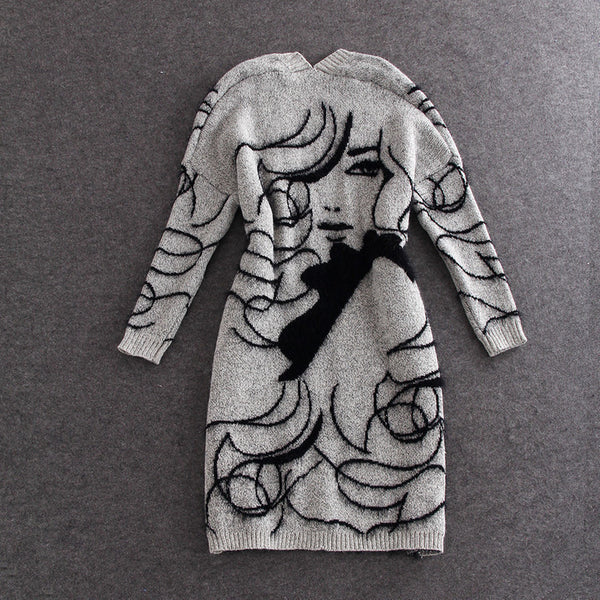Women'S Abstract Batwing Sleeve Cardigan Sweater - High Neck & Contrast with Greyish- Tones, Mid-Length Casual Winter Fall Jacket, Cozy Character Pattern Design for Layering, Semi-Formal & Casual Attire, Cardigan Sweaters for Women