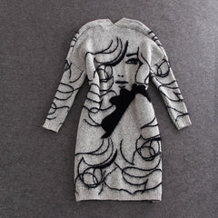 Women'S Abstract Batwing Sleeve Cardigan Sweater - High Neck & Contrast with Greyish- Tones, Mid-Length Casual Winter Fall Jacket, Cozy Character Pattern Design for Layering, Semi-Formal & Casual Attire, Cardigan Sweaters for Women