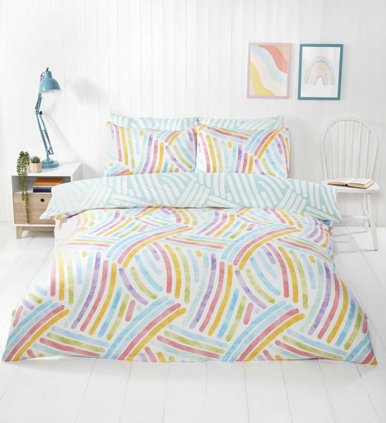 Dreambow Duvet Cover Set – King & Double Sizes | Colourful Rainbow Stripe Bedding in Pastel & Bright Tones | Soft & Durable 180 Thread Count Microfibre – Easy-Care Quilt Cover with Matching Pillowcases | Fun Modern Bedroom Décor | Machine Washable | UK Br