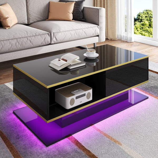 Modern LED Coffee Table, 100Cm High Gloss White Coffee Table, with 3 Drawers And RGB Light Strips, Adjustable Color/Brightness, Gold Edge, PB Board Material, Suitable for Living Room, Bedroom, Lounge, Studio - with a Load-Bearing Capacity of 50Kg And Spac