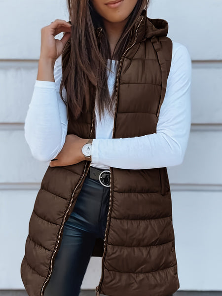 Women's Elegant Hooded Puffer Vest Coat - Thermal Insulated Sleeveless Winter Jacket with Full-Zip Closure, Machine Washable Outerwear in Brown/Black/White/Blue/Red/Navy/Gray, Cozy Cold-Weather Coat for Everyday & Formal Outfits, Layering Piece for Women
