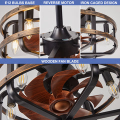 45.72cm Retro Industrial Ceiling Fan, Commercial Lighting E14*6 Bulb Base, Reversible 3 Wind Speed Fan Light, 1/2/4 Timed Operation Quiet, 2 Boom Adjustable Height, Tilted Low Ceiling Can Also Be Installed (Bulb Not Included)