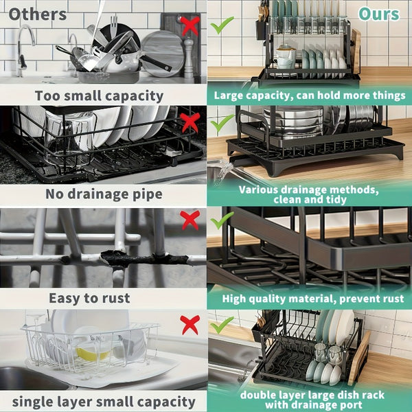 2 Tier Dish Drainer Rack for Kitchen Counter - Space-Saving Dish Rack with Utensil Holder and Cutting Board Holder Large Capacity Drying Rack with Draining Board, Black