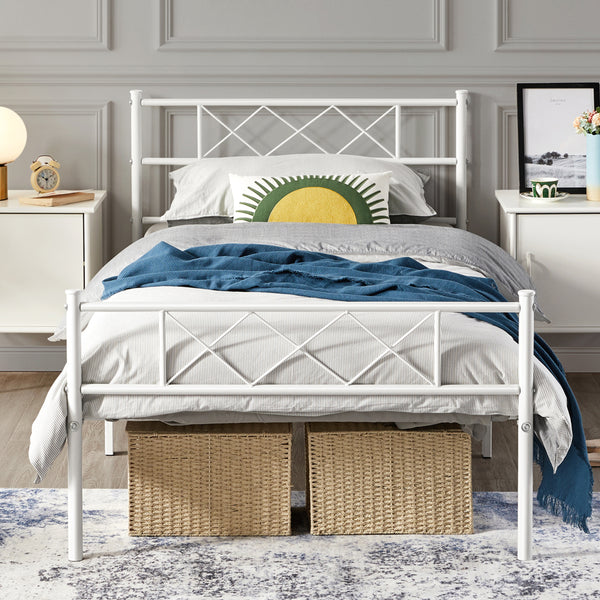 Costoffs Bed Frame, Simple Metal Bed Frame, Metal-Framed Bed Base with Storage, Bed Foundation for Small Space, Easy Assembly Bed Foundation with Cross-design Headboard and Footboard for Bedrooms, Single/Double/king, Black/White/Pink