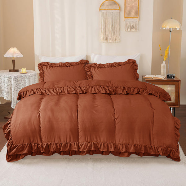3-Piece Ruffle Frilled Duvet Cover Set – Soft, Comfortable Bedding with Pillowcases, Button Closure, Elegant Layered Design