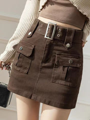 [Summer Women's Clothing Sale]Hip-wrapped A-line Short Skirt - with Belt And Multi-pocket Denim Skirt Short Skirt - Summer Women's Clothing All-match Suitable for Daily Wear