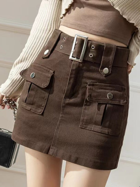[Summer Women's Clothing Sale]Hip-wrapped A-line Short Skirt - with Belt And Multi-pocket Denim Skirt Short Skirt - Summer Women's Clothing All-match Suitable for Daily Wear