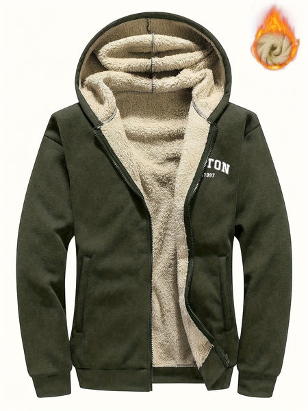 Men's Casual Zip-Up Hooded Jacket with Letter Print, Black & Beige Contrast, Regular Fit, Machine Washable, Front Pockets for Outdoor & Casual Attire