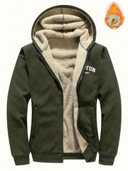 Men's Casual Zip-Up Hooded Jacket with Letter Print, Black & Beige Contrast, Regular Fit, Machine Washable, Front Pockets for Outdoor & Casual Attire
