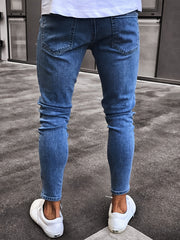 Men's Ripped Jeans with Doll Figure Pattern, Youth Zhang Zai Embroidery, Trendy Skinny Tapered Fit Denim Pants