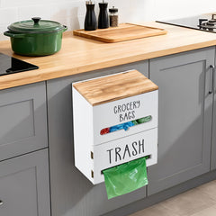 White/Black Two-Tier Wooden Trash Bag Storage Box Trash Bag Holder, Kitchen Plastic Wrap & Bag Organizer with Lid, Large Capacity Hanging Storage Container, Household Storage Accessories
