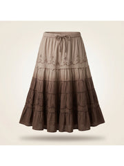 Women’s Vacation Tiered Maxi Skirt Elastic Waist Floral Embroidery Ruffle Hem - 20001
