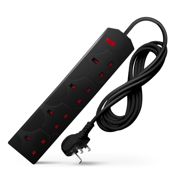 DESIRETECH Black Electric Extension Lead - 4 Gang with UK Plug & 3 Pin Socket - Wall Mountable & Multi Socket Mains Strip for Home, Bedroom, Kitchen, & Office (1 Pack)