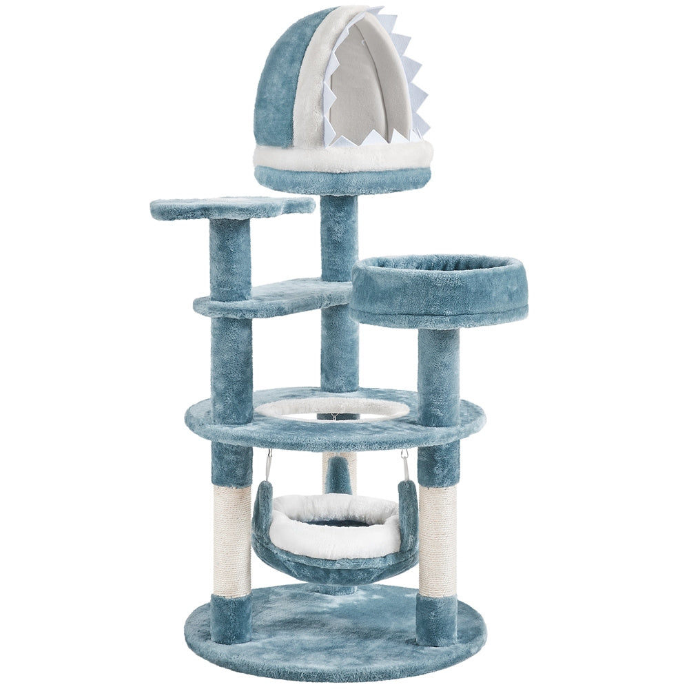 115cm Cat Tree, Tall Ocean-themed Cat Tree, Multi-Level Cat Climbing Tree, Plush Cat Tower with 3 Sisal Scratching Posts, Round Entrance, 3 Perches, Hammock, Cat Tower for Small- to Medium-sized Cats Blue / White