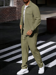 Men's 2pcs Casual Suit, 2-Pocket Shirt and Pants Set for Spring/Autumn, Suitable for Work and Leisure Sports