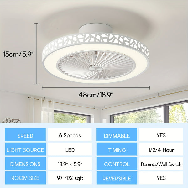 Ceiling Fan with Lights, 48.26cm Bladeless Enclosed Ceiling Fan Iron 48W Low Profile Flush Mount Fans 6 Speeds Dimmable 3000K-6500K Quiet Timing Bedroom Fan Light