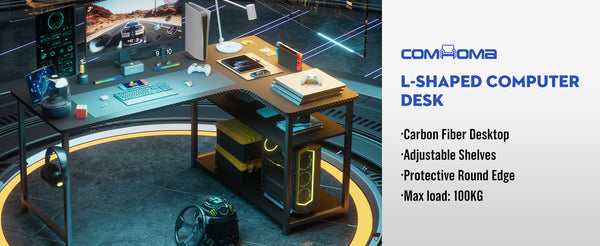 L Shaped Gaming Desk with Power Outlets Corner Computer Desk 110x80CM with Shelves Headphone Hook PC Table Workstation for Home Office Bedroom