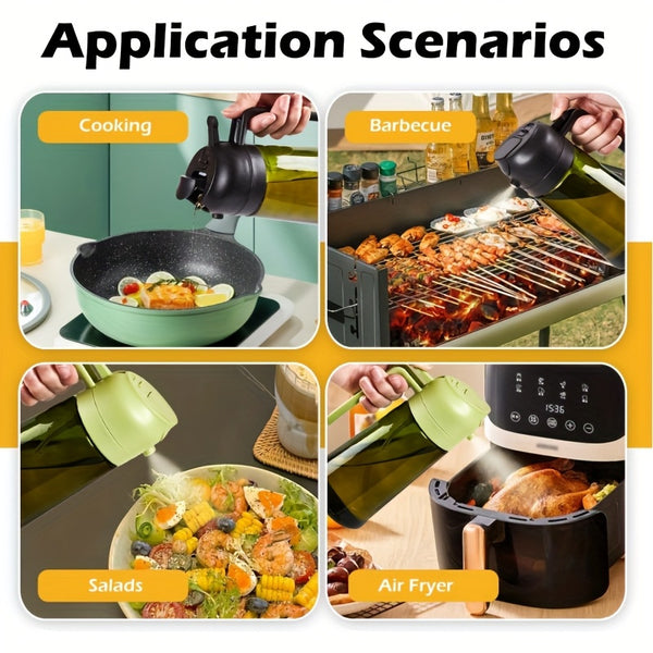 2pcs Kitchen Glass Olive Oil Dispenser Bottle, 2-in-1 Oil Bottle and Cooking Sprayer, 16oz Premium Dark Green Glass Oil Bottle, Oil Sprayer for Cooking, Oil Dispenser for Kitchen with 6pcs Stickers, The Perfect Cooking Gadget for BBQ, RVs, and Salad