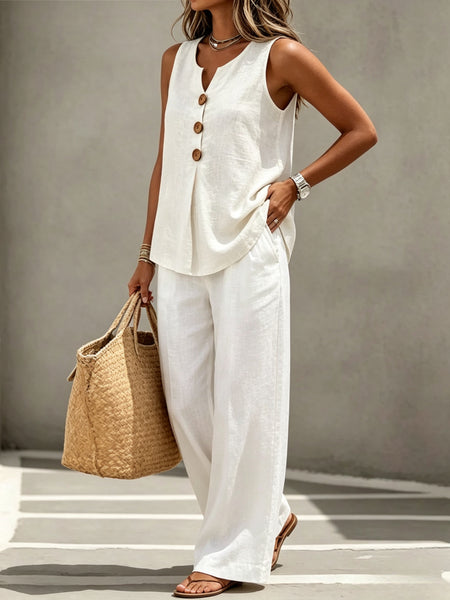 Spring Summer Women's Matching 2pcs Sets, V-Neck Sleeveless Button Top & Flowy Wide Leg Pants, Casual Resort Style Loungewear, Perfect for Summer Holiday, Staycation & Casual Outings, Holiday Essential