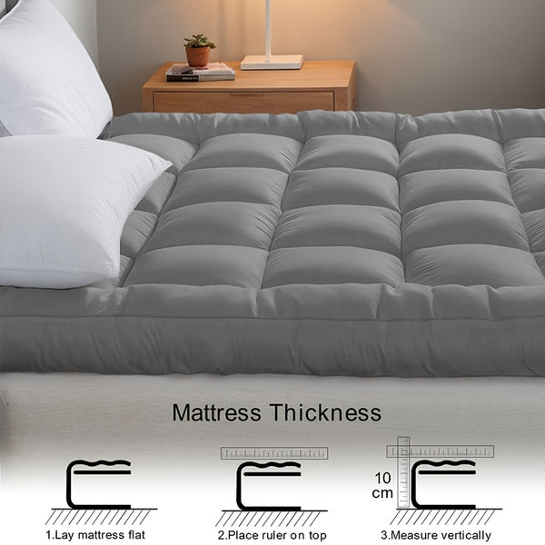 4 Inch/10Cm Microfiber Mattress Topper with 1100 GSM Heavy Filling, Extremely Soft And Fluffy, Hand-Filled, Available in Single, Double, King Sizes, Grey, Perfect for Halloween And Christmas Gifts