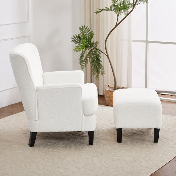 White Teddy Fabric Lounge Chair with Ottoman - 69x58x85.5cm Plush Armchair, Sponge Cushion & Plywood Frame, for Living Room/Bedroom (Black Wooden Legs)