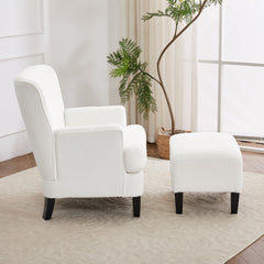 White Teddy Fabric Lounge Chair with Ottoman - 69x58x85.5cm Plush Armchair, Sponge Cushion & Plywood Frame, for Living Room/Bedroom (Black Wooden Legs)