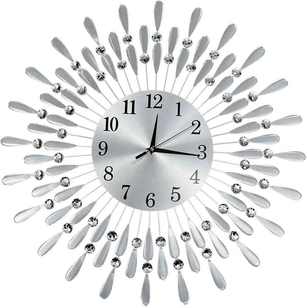 Crystals 60cm Large Metal Wall Clock – Luxury Sunburst Design, Handcrafted Diamante Beaded Clock for Living Room, Modern Decorative Wall Clock for Home & Office (Silver)