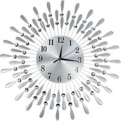 Crystals 60cm Large Metal Wall Clock – Luxury Sunburst Design, Handcrafted Diamante Beaded Clock for Living Room, Modern Decorative Wall Clock for Home & Office (Silver)