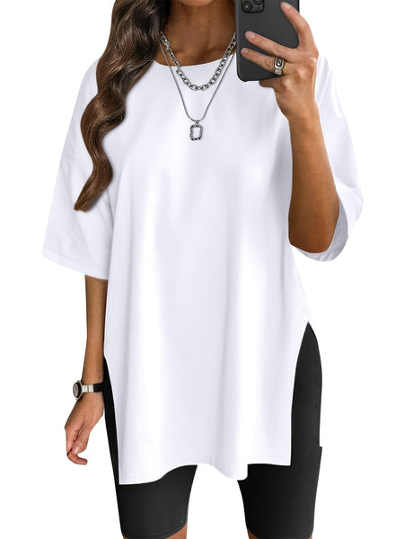 3pcs Oversized Women'S Loose Top Round Neck Casual Basic Shirt Fashion Side Slit Loose Short Sleeve T-Shirt