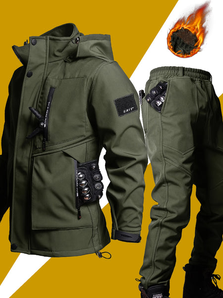 Men's Casual  Set: Warm Fleece-Lined Jacket & Cargo Pants with Zipper Hood - Durable Polyester, Multiple Pockets, Ideal for  & Camping
