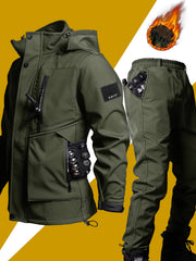 Men's Casual  Set: Warm Fleece-Lined Jacket & Cargo Pants with Zipper Hood - Durable Polyester, Multiple Pockets, Ideal for  & Camping