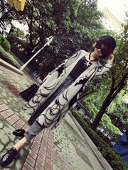 Women'S Abstract Batwing Sleeve Cardigan Sweater - High Neck & Contrast with Greyish- Tones, Mid-Length Casual Winter Fall Jacket, Cozy Character Pattern Design for Layering, Semi-Formal & Casual Attire, Cardigan Sweaters for Women