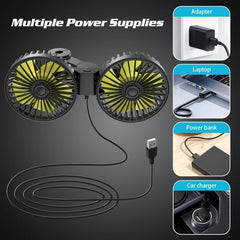 Double head USB car fan 360 degree rotation strong wind dual use for car home laptop and desktop cooling