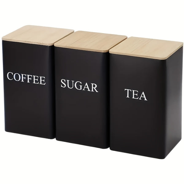 Set of 3 Cast Iron Kitchen Canisters with Wooden Lids