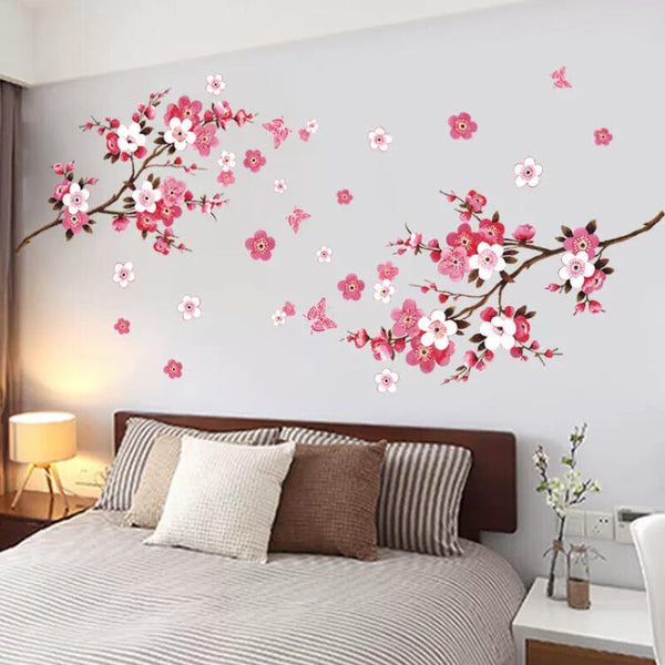 2PCS Pink Blossom Tree Flower Wall Stickers Vinyl Art Decals Glossy Polyvinyl Wall Sticker for Bedroom, Living Room, Bathroom Decor