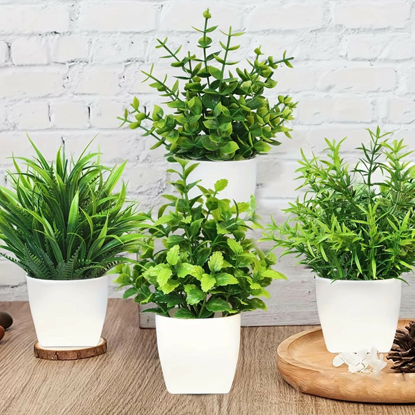 4pcs Artificial Mini Potted Plants, Fake Eucalyptus Plant in Pots House Plants for Home Office Decor