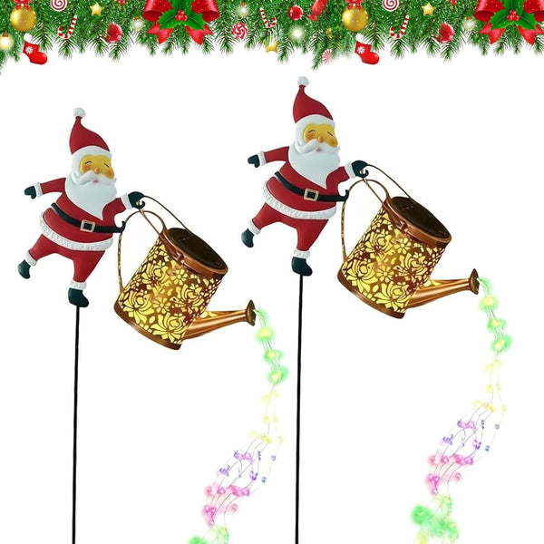 Christmas Santa Solar Kettle Lights, Garden Lawn Decorative Light, Solar Watering Can Garden Lawn Decor with Flowing LED Water, for Outdoor Patio Path Walkway Decoration, Unique Xmas Gifts (A*2)