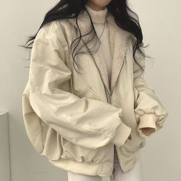 Large Size Velvet Thickened Two Sides Wear Lamb Clothes Women's Coat Winter New Zipper Hooded Coat Top