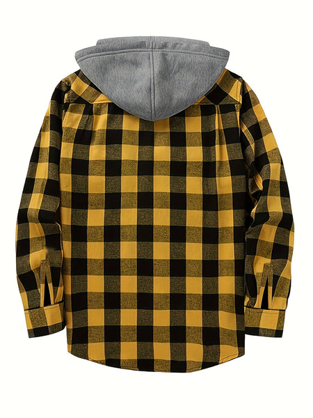 2pcs Men's New York Fashion Trendy Plaid Shirt Hoodie, Plaid Pullover Sweatshirt Flannel Hoodie